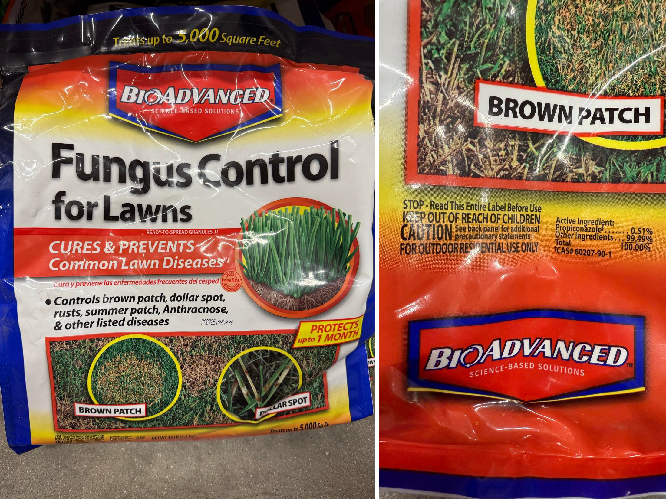 Collage showing a bag of BioAdvanced Fungus Control for Lawns with close-up images highlighting brown patch treatment information and the active ingredient propiconazole.